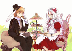 Rule 34 | 1boy, 1girl, alice in wonderland, animal ears, apron, armchair, bad id, bad pixiv id, blonde hair, bow, bracelet, broccoli (arupuru), chair, character request, copyright request, dress, eating, fake animal ears, gloves, green eyes, hair bow, hairband, hat, jewelry, long hair, mini hat, mini top hat, open mouth, rabbit ears, red eyes, simple background, sitting, smile, tiered tray, top hat, tray, very long hair, waist apron, white background, white hair