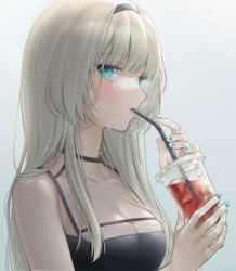Rule 34 | 1girl, an-94 (girls&#039; frontline), aqua eyes, aqua nails, black dress, blush, breasts, cleavage, commentary request, cup, disposable cup, dress, drinking straw, girls&#039; frontline, grey background, hairband, ice, ice cube, long hair, looking to the side, nail polish, platinum blonde hair, solo, sweat, urano ura