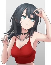 Rule 34 | 1girl, bang dream!, bang dream! it&#039;s mygo!!!!!, black choker, black hair, blue eyes, breasts, camisole, choker, cleavage, collarbone, commentary request, cutting hair, cutting own hair, ear piercing, earrings, hair between eyes, highres, holding, holding scissors, jewelry, long hair, medium breasts, necklace, parted lips, piercing, red camisole, scissors, solo, temple o dragon, upper body, yahata umiri