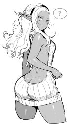 Rule 34 | 1girl, :&lt;, ?, ass, backless dress, backless outfit, bad id, bad tumblr id, bare back, butt crack, cropped legs, dark-skinned female, dark skin, dress, elf-san wa yaserarenai., greyscale, hairband, halterneck, highres, kuroeda-san, long hair, looking at viewer, meme attire, mole, mole under eye, monochrome, naked sweater, no bra, pointy ears, ribbed sweater, simple background, solo, spoken question mark, sweater, sweater dress, synecdoche, thighs, turtleneck, turtleneck sweater, virgin killer sweater, white background