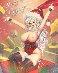 Rule 34 | 1girl, 2017, armpits, arms up, blush, breasts, christmas, corset, dated, female focus, hat, large breasts, leotard, long hair, looking at viewer, merry christmas, nipples, open mouth, purple eyes, red hat, red leotard, santa costume, santa hat, smile, solo, suertee34, suggestive, thighhighs, very long hair, white hair, wrist cuffs
