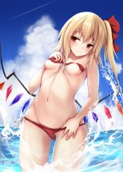 Rule 34 | 1girl, bare arms, bare shoulders, bikini, bikini pull, bikini top lift, blonde hair, bow, breasts, closed mouth, clothes lift, clothes pull, collarbone, commentary request, crystal, flandre scarlet, front-tie bikini top, front-tie top, groin, hair between eyes, hair bow, highres, horizon, kashiwagi yamine, long hair, medium breasts, navel, nipples, ocean, one side up, red bikini, red bow, red eyes, side-tie bikini bottom, sidelocks, smile, solo, standing, swimsuit, touhou, wading, water, wings