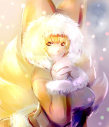 Rule 34 | 1girl, blonde hair, breasts, coat, dearmybrothers, female focus, fox tail, fur trim, own hands clasped, highres, looking at viewer, multiple tails, own hands together, short hair, smile, solo, tail, touhou, winter clothes, winter coat, yakumo ran, yellow eyes