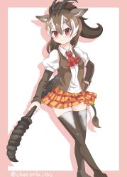 Rule 34 | 10s, 1girl, animal ears, brown hair, highres, horns, kemono friends, long hair, miniskirt, multicolored hair, ponytail, red eyes, sable antelope (kemono friends), skirt, solo, tail, tatsuno newo, thighhighs, two-tone hair, weapon, white hair