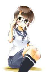 Rule 34 | 1girl, bespectacled, blue sailor collar, blue skirt, brown eyes, brown hair, dress, glasses, highres, kantai collection, looking at viewer, low twintails, neckerchief, parted bangs, pleated dress, pleated skirt, sailor collar, school uniform, serafuku, shirayuki (kancolle), short twintails, skirt, solo, taisinkoku, twintails
