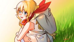 Rule 34 | 1girl, :d, anna (ryusei hashida), backpack, bag, belt, blonde hair, blue eyes, blush, dress, from side, grass, highres, looking at viewer, looking to the side, open mouth, original, ryusei hashida, smile, solo, squatting, white dress