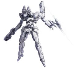 Rule 34 | armored core, armored core 6, blue eyes, full body, gun, handgun, highres, holding, holding gun, holding weapon, labombardier!, mecha, mecha focus, no humans, open hand, robot, science fiction, shoulder cannon, simple background, standing, steel haze ortus, thrusters, weapon, white background