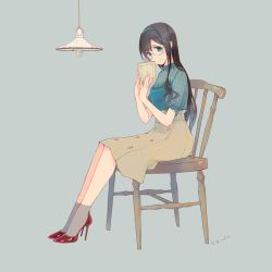 Rule 34 | 1girl, alternate costume, black hair, blouse, blue eyes, book, brown skirt, chair, colis, commentary request, full body, green shirt, grey background, grey socks, hairband, high heels, kantai collection, lamp, long hair, looking at viewer, ooyodo (kancolle), red footwear, shirt, short socks, simple background, sitting, skirt, socks, solo, white hairband