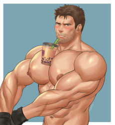 Rule 34 | 1boy, abs, absurdres, bara, between pectorals, blue eyes, blush, brown hair, bubble tea, bubble tea challenge, chris redfield, cup, disposable cup, drink, drinking straw, facial hair, highres, huge nipples, k sen212, large pectorals, male focus, manly, meme, muscular, navel, nipples, object on pectorals, pectorals, resident evil, short hair, solo, stubble, upper body