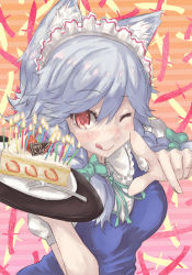 Rule 34 | 1girl, ;q, animal ears, bad id, bad pixiv id, blush, braid, cake, candle, female focus, food, fork, izayoi sakuya, maid headdress, mumulatte, one eye closed, plate, red eyes, ribbon, short hair, silver hair, solo, embodiment of scarlet devil, tongue, tongue out, touhou, twin braids, wink