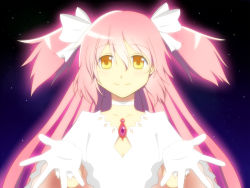 Rule 34 | 10s, 1girl, alternate hairstyle, bow, gloves, hair bow, kaname madoka, long hair, magical girl, mahou shoujo madoka magica, mahou shoujo madoka magica (anime), pink hair, smile, solo, spoilers, suigetsu (star), twintails, two side up, ultimate madoka, yellow eyes