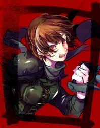 Rule 34 | 10s, 1girl, brown hair, cropped torso, floating hair, grey scarf, holding, holding weapon, kuga hotaru, looking at viewer, niijima makoto, open mouth, persona, persona 5, red background, red eyes, scarf, short hair, solo, upper body, weapon