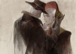 Rule 34 | 1boy, 1girl, black headwear, bloodborne, blue eyes, brown gloves, closed mouth, coat, flower, gehrman the first hunter, gloves, hat, hat flower, long hair, looking at another, naux, painterly, plain doll, rose, signature, upper body, white hair, yellow flower, yellow rose
