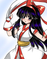 Rule 34 | 1girl, absurdres, ainu clothes, arms up, artist name, blue eyes, blue hair, breasts, fingerless gloves, gloves, hair ribbon, highres, legs, long hair, looking at viewer, medium breasts, nakoruru, open mouth, pants, ribbon, samurai spirits, snk, solo, the king of fighters, thighs