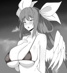 Rule 34 | 1girl, angel wings, bare shoulders, bikini, bikini top only, blush, breasts, breath, collarbone, dizzy (guilty gear), fuuma (bangolga1), greyscale, guilty gear, hair between eyes, hair rings, half-closed eyes, hand on own chest, highres, large breasts, long hair, mature female, monochrome, open mouth, sagging breasts, sideboob, sidelocks, single wing, skindentation, solo, steam, steaming body, sweat, sweatdrop, swimsuit, twintails, underboob, upper body, wings