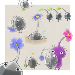Rule 34 | ?, ayan (ayan 00o), black eyes, blue flower, border, brown background, carrying, commentary request, dirt, flower, highres, holding, leaf, lineup, looking at viewer, multiple views, no humans, o o, outside border, pikmin (creature), pikmin (series), pikmin 3, pink flower, profile, rock, signature, simple background, standing, walking, white border