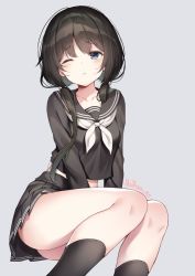 Rule 34 | 1girl, ass, black hair, black sailor collar, black serafuku, black shirt, black skirt, black socks, blue eyes, closed mouth, collarbone, crop top, frown, grey background, hair over shoulder, hair ribbon, highres, invisible chair, kneehighs, long hair, long sleeves, looking at viewer, low twintails, midriff, miniskirt, neckerchief, one eye closed, original, pleated skirt, ribbon, sailor collar, school uniform, serafuku, shirt, shirt overhang, simple background, sitting, skirt, socks, solo, thighs, twintails, twitter username, yaya (yayaa 00)
