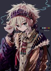 Rule 34 | 1girl, absurdres, azzz (7334080), blonde hair, blue eyes, cigarette, collared shirt, color guide, earrings, fur trim, highres, holding, holding cigarette, jewelry, long hair, necklace, original, shirt, short hair, smoke, solo, tattoo, triangle earrings, twitter username