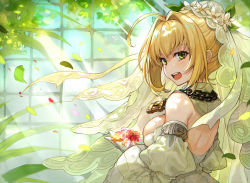 Rule 34 | 1girl, :d, ahoge, blonde hair, breasts, chain, fate/grand order, fate (series), flower, gloves, green eyes, hair flower, hair intakes, hair ornament, holding, holding flower, lock, looking at viewer, medium breasts, nero claudius (bride) (fate), nero claudius (bride) (second ascension) (fate), nero claudius (fate), nero claudius (fate) (all), open mouth, padlock, petals, short hair, sideboob, smile, solo, upper body, veil, white gloves, yuu (higashi no penguin)