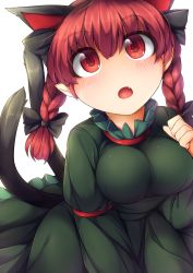 Rule 34 | 1girl, animal ears, blush, braid, breasts, cat ears, cat girl, cat tail, dress, extra ears, fang, female focus, fun bo, green dress, impossible clothes, impossible dress, juliet sleeves, kaenbyou rin, large breasts, long sleeves, multiple tails, nekomata, open mouth, pointy ears, puffy sleeves, red eyes, red hair, solo, tail, touhou, twin braids, two tails