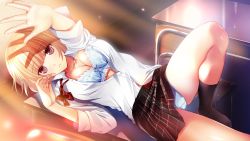 Rule 34 | 1girl, blonde hair, bra, breasts, brown eyes, classroom, cleavage, clothes lift, from above, game cg, light particles, light rays, looking at viewer, lying, minamihama yoriko, miyamasu hitomi, no shoes, on back, open clothes, open shirt, panties, plaid, plaid skirt, pleated skirt, pov, school, school uniform, shirt, short hair, shoujo activity, skirt, skirt lift, solo, underwear, white panties
