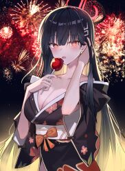 Rule 34 | 1girl, absurdres, adjusting hair, aerial fireworks, alternate costume, black hair, black kimono, blue archive, blunt bangs, blush, breasts, candy, candy apple, cleavage, commentary, commentary request, fireworks, floral print, food, hair ornament, hairclip, halo, hand up, highres, holding, holding candy, holding food, japanese clothes, kimono, kkubuk92, large breasts, long hair, looking at viewer, mechanical halo, obi, open mouth, pink eyes, print kimono, rio (blue archive), sash, sky, solo, star (sky), starry sky, sweat, yukata