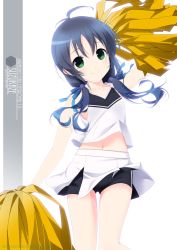 Rule 34 | 1girl, alternate costume, artist name, black buruma, black hair, blue hair, buruma, buruma under skirt, character name, cheerleader, cowboy shot, crop top, gradient hair, green eyes, highres, holding, holding pom poms, inaba shiki, kantai collection, long hair, looking at viewer, low twintails, midriff, multicolored hair, one-hour drawing challenge, pleated skirt, pom pom (cheerleading), pom poms, ribbon, shirt, simple background, skirt, sleeveless, sleeveless shirt, solo, suzukaze (kancolle), twintails, white background, white skirt