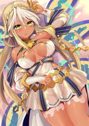 Rule 34 | 1girl, andromeda (fate), andromeda (first ascension) (fate), bare shoulders, blonde hair, breasts, cleavage, dark-skinned female, dark skin, fate/grand order, fate (series), green eyes, highres, large breasts, long hair, looking at viewer, open mouth, sen (astronomy), solo, white hair