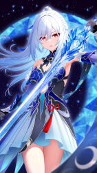 Rule 34 | 1girl, black gloves, blue dress, blue sleeves, breasts, cleavage, commentary request, crystal sword, de-zeru, dress, gloves, hair between eyes, half updo, high-low skirt, highres, holding, holding sword, holding weapon, honkai: star rail, honkai (series), jingliu (honkai: star rail), light particles, long hair, looking at viewer, medium breasts, open mouth, red eyes, solo, sword, weapon, white hair