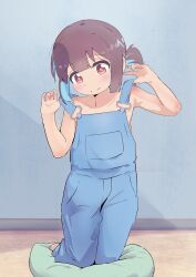 Rule 34 | 1girl, absurdres, bare arms, bare shoulders, blue hair, blunt bangs, blunt ends, blush, brown eyes, brown hair, commentary, cushion, flat chest, highres, holding strap, hozuki momiji, indoors, kneeling, multicolored hair, murairamuraiari, naked overalls, onii-chan wa oshimai!, overalls, short hair, short ponytail, solo, two-tone hair, zabuton