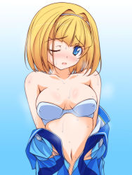 Rule 34 | 1girl, arms at sides, bandeau, bare shoulders, blonde hair, blue background, blue bodysuit, blue bra, blue eyes, blunt bangs, blush, bodysuit, bodysuit pull, bra, breasts, breasts apart, embarrassed, frown, gradient background, hair intakes, hairband, heavy object, kikuchi tsutomu, looking at viewer, medium breasts, milinda brantini, navel, one eye closed, open bodysuit, open clothes, open mouth, short hair, standing, strapless, strapless bra, underwear, undressing, upper body, white hairband