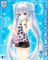 Rule 34 | 1girl, :o, black shorts, blue background, blue eyes, blunt bangs, card (medium), character name, girlfriend (kari), miss monochrome, miss monochrome (character), official art, open mouth, qp:flapper, shirt, shorts, solo, tagme, twintails, white hair, white shirt, workout clothes
