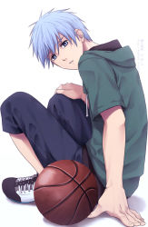 Rule 34 | 1boy, ball, basketball, basketball (object), blue eyes, blue hair, chinese commentary, expressionless, green hoodie, hood, hood down, hoodie, knees up, kuroko no basuke, kuroko tetsuya, light blue hair, looking at viewer, male focus, pants, parted lips, shoes, short hair, short sleeves, simple background, sitting, sneakers, solo, white background, xuan zhi yue ying