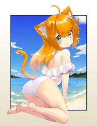 Rule 34 | 1girl, ahoge, animal ear fluff, animal ears, araki (qbthgry), ass, bare shoulders, barefoot, beach, blue eyes, casual one-piece swimsuit, cat ears, cat girl, cat tail, cloud, feet, from behind, highres, legs, long hair, looking at viewer, looking back, ocean, one-piece swimsuit, orange hair, original, outside border, sky, solo, strapless, strapless one-piece swimsuit, swimsuit, tail, thighs, toes, white one-piece swimsuit