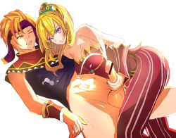 Rule 34 | 1boy, 1girl, bad id, bad pixiv id, bare shoulders, blonde hair, bottomless, censored, collarbone, cum, earrings, ejaculation, elf, goritania, handjob, hetero, jewelry, long hair, one eye closed, open mouth, penis, pinky out, pointy ears, primm (seiken densetsu 2), randi (seiken densetsu 2), seiken densetsu, seiken densetsu 2, simple background, testicles, white background, yellow eyes