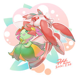 Rule 34 | bellossom, black eyes, blush stickers, commentary request, creatures (company), dated, game freak, gen 2 pokemon, gen 7 pokemon, highres, looking at viewer, lurantis, nintendo, no humans, null suke, one eye closed, open mouth, outline, pokemon, pokemon (creature), signature, smile