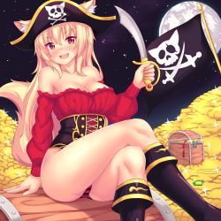Rule 34 | 1girl, animal ear fluff, animal ears, bad id, bad pixiv id, bare shoulders, blonde hair, blush, boots, breasts, cat ears, cat tail, cleavage, collarbone, commentary, corset, crossed legs, cutlass, english commentary, frills, gold, hat, highres, long hair, looking at viewer, no pants, nottytiffy, open mouth, original, panties, pantyshot, pirate hat, red eyes, sitting, skull and crossbones, sky, slit pupils, solo, star (sky), starry sky, strapless, striped clothes, striped panties, sword, tail, tiffy (nottytiffy), treasure chest, underwear, weapon