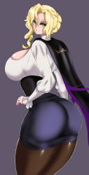 Rule 34 | 1girl, ass, blonde hair, breasts, cape, from behind, glasses, glynda goodwitch, green eyes, hair bun, highres, huge ass, huge breasts, looking at viewer, looking back, nexus sig, pantyhose, pencil skirt, rwby, shiny clothes, shiny skin, short hair with long locks, sideboob, single hair bun, skirt, solo