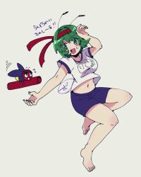 Rule 34 | 1girl, antennae, bare legs, barefoot, blue shorts, bobotatamu, breasts, bug, commentary request, firefly, full body, green eyes, green hair, gym shirt, gym shorts, gym uniform, headband, highres, insect, medium breasts, midriff, navel, open mouth, red headband, relay baton, shirt, short hair, short sleeves, shorts, simple background, solo, sweatdrop, toes, touhou, translation request, white background, wriggle nightbug