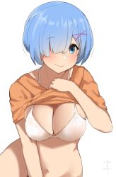 Rule 34 | 10s, 1girl, 3:, blue eyes, blue hair, blush, bottomless, bra, breasts, cleavage, closed mouth, clothes lift, hair ornament, hair over one eye, highres, lace, lace bra, large breasts, looking at viewer, navel, re:zero kara hajimeru isekai seikatsu, rem (re:zero), senju (snz0), shirt lift, simple background, solo, underwear, white bra, x hair ornament