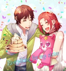 Rule 34 | 1boy, 1girl, :d, blush, brother and sister, brown hair, choker, confetti, dress, english text, closed eyes, food, garo:vanishing line, garo (series), green jacket, hand on head, highres, holding, holding stuffed toy, jacket, martin hennes, nc4, open mouth, pancake, red choker, red hair, shirt, short hair, siblings, simple background, smile, sophia hennes, pancake stack, standing, stuffed animal, stuffed toy, whipped cream, white background, white dress, white shirt