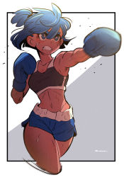 Rule 34 | 1girl, amazu (kurozu), black sports bra, blue eyes, blue gloves, blue hair, blue shorts, border, borrowed character, boxing gloves, breasts, cropped legs, dif (difman), dolphin shorts, gloves, grimace, highres, motion blur, navel, original, outside border, petite, punching, serious, short hair, shorts, signature, simple background, small breasts, solo, sports bra, sweat, tan, topknot, white border