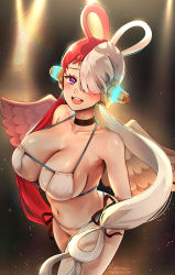 Rule 34 | 1girl, :d, angel wings, bikini, breasts, choker, commentary, feathered wings, foxyreine, hair over one eye, hair rings, headphones, highres, large breasts, long hair, looking at viewer, multicolored hair, one piece, one piece film: red, open mouth, purple eyes, red hair, ribbon, side-tie bikini bottom, signature, skindentation, smile, solo, split-color hair, swimsuit, teeth, twintails, two-tone hair, upper teeth only, uta (one piece), very long hair, white bikini, white hair, wings