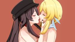 Rule 34 | 2girls, 3d, blonde hair, breasts, brown hair, closed eyes, french kiss, genshin impact, hat, highres, hu tao (genshin impact), jewelry, kiss, lumine (genshin impact), multiple girls, nipples, ring, simple background, stukove, tongue, tongue out, yuri