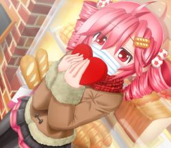 Rule 34 | 1girl, ahoge, bag, baguette, bakery, blush, box, bread, coat, covered mouth, drill hair, duffel coat, food, food-themed hair ornament, from above, fur trim, hair bobbles, hair ornament, heart-shaped box, highres, holding, holding box, jitome, kasane teto, kazu-chan, leaning back, looking at viewer, looking up, mask, medium hair, mouth mask, pink eyes, pink hair, plaid, plaid scarf, pleated skirt, scarf, shop, skirt, solo, surgical mask, thighhighs, tote bag, twin drills, utau, valentine, window, zettai ryouiki
