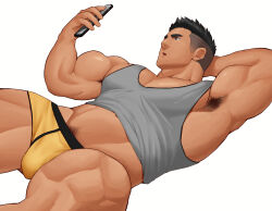 Rule 34 | 1boy, :o, absurdres, armpit hair, armpit hair peek, armpits, bara, biceps, black hair, blush, boxer briefs, bulge, clothes lift, covered erect nipples, dark-skinned male, dark skin, feet out of frame, grey tank top, highres, holding, holding phone, kansuke (kansuke 717), large pectorals, lying, male focus, male pubic hair, male underwear, midriff peek, muscular, muscular male, navel, on back, original, pectorals, phone, pubic hair, pubic hair peek, shirt lift, short hair, sitting, solo, spread legs, tank top, thick eyebrows, thick thighs, thighs, twitter banner, undercut, underwear, white background, yellow male underwear