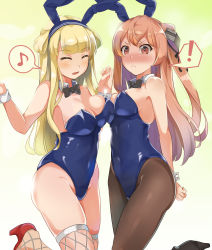 Rule 34 | !, 2girls, animal ears, asymmetrical docking, black legwear, black neckwear, blonde hair, blue leotard, bow, bowtie, breast press, breasts, brown eyes, cleavage, closed eyes, commentary request, cowboy shot, detached collar, double bun, eighth note, fake animal ears, fishnet legwear, fishnets, fletcher (kancolle), gradient background, hair bun, highres, johnston (kancolle), kantai collection, large breasts, leotard, light brown hair, long hair, medium breasts, multiple girls, musical note, pantyhose, playboy bunny, rabbit ears, rabbit tail, spoken exclamation mark, spoken musical note, strapless, strapless leotard, tail, takashi (nougyou), thighhighs, two side up, wrist cuffs