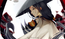 Rule 34 | 1girl, artist name, black hair, closed mouth, hat, highres, long hair, looking at viewer, original, rice hat, routing-zhengyi, solo, upper body, very long hair, yellow eyes