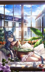 Rule 34 | 1girl, animal, animal ears, arm support, bell, black choker, blue hair, blush, book, box (hotpppink), braid, breasts, building, cat, cat ears, cat girl, cat tail, choker, cloud, cloudy sky, cup, dress, floral print, flower, food, frilled dress, frills, fruit, fruit bowl, green dress, green eyes, hair ornament, hairclip, indoors, jingle bell, long hair, long sleeves, looking at viewer, lying, on side, orange flower, original, oversized animal, parted lips, pillow, plant, potted plant, purple flower, red flower, ribbon, signature, single braid, sky, sleeves past fingers, sleeves past wrists, small breasts, solo, sunlight, tail, teacup, teapot, thighs, window, x hair ornament