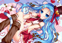 Rule 34 | 1girl, :q, animal ears, bare shoulders, blue eyes, blue hair, cat ears, closed mouth, convenient leg, crop top, feet out of frame, forehead, frilled skirt, frills, glint, hat, hat ribbon, heart, holding, kneehighs, leg warmers, legs up, long hair, looking at viewer, lying, midriff, necktie, on back, original, polka dot, polka dot skirt, red necktie, red ribbon, red skirt, ribbon, shiny skin, shitou, skirt, sleeveless, smile, socks, solo, suspender skirt, suspenders, suspenders slip, tongue, tongue out, top hat, valentine, very long hair, white socks, wing collar, wrist cuffs